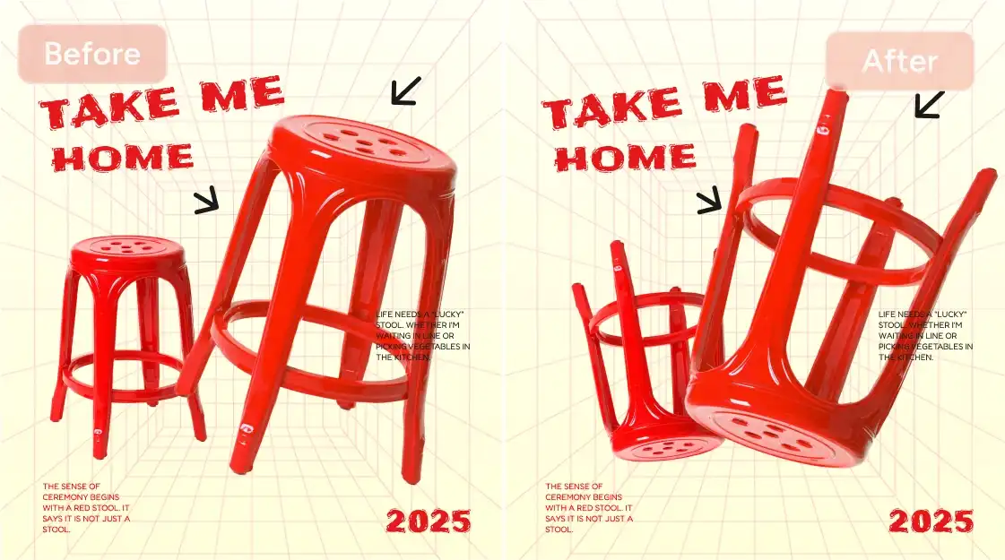 before and after comparison of rotating the product in the specific area by flux kontext